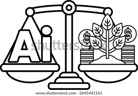 A scale with a tree on the right and the letters AI on the left. The tree represents growth and the scale represents balance