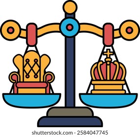 A scale with two crowns on either side and a chair on the left side. The scale is balanced