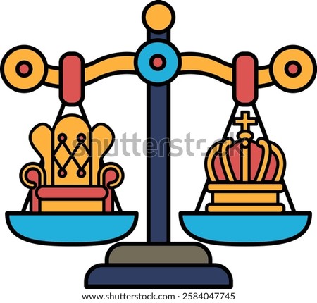 A scale with two crowns on either side and a chair on the left side. The scale is balanced