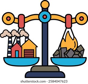 A scale with two sides, one side has a house and the other side has a factory. This could represent the idea of weighing the pros