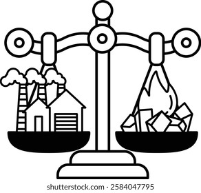 A scale with two sides, one side has a house and the other side has a factory. The scale is balanced