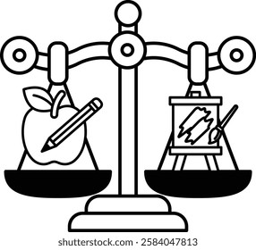 A scale with two sides, one side has an apple and a pencil, and the other side has a can of paint. The scale is balanced, indicating that the weight of the apple