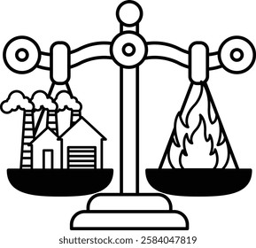 A scale with two sides, one side has a house and the other side has a factory. The scale is balanced