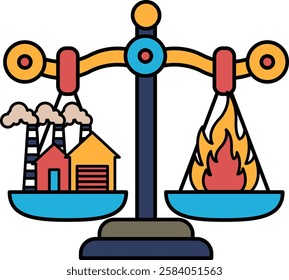 A scale with two sides, one side has a factory and the other side has a house. This could represent the idea of industrialization