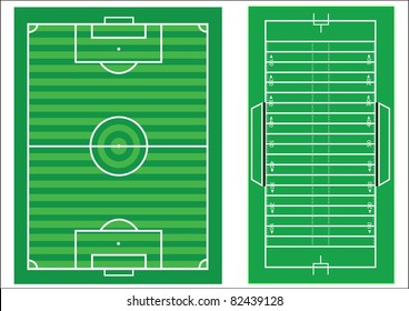 Scale vector diagrams of a soccer pitch and an american football field, with all markings and dimensions to scale