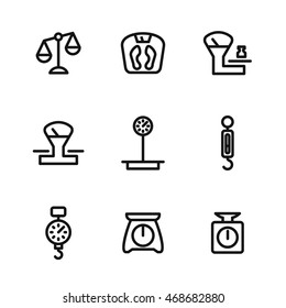 Scale vector icons. Simple illustration set of 9 scale elements, editable icons, can be used in logo, UI and web design