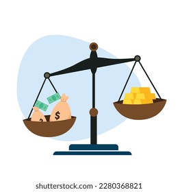 scale vector illustrations. money and gold are unbalanced on the weight scale. vector icon