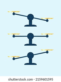Scale vector set. Uneven balance scale icon. Clipart image isolated on blue background. 