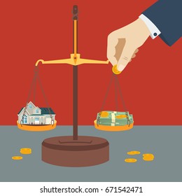 Scale weighing money and house. Financial concept. Vector illustration in flat design
