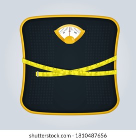 Scale for weighing oneself wrapped with a tape measure in a concept of weight loss and healthy diet, colored vector illustration