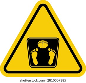 A scale for weighing a person. A floor scale with a dial and a foot platform. A symbol of fitness, proper nutrition, and weight management. Yellow triangle warning sign.
