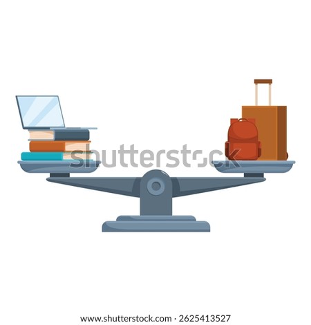 Scale weighing study materials against travel luggage, symbolizing work life balance or prioritizing education versus adventure