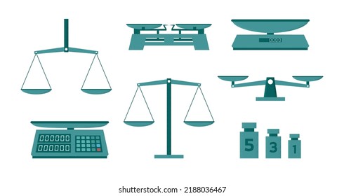 Scale And Weight Balance. Justice Green Symbol. Food And Cooking Imbalance Measuring. Judge Or Libra. Retro Weighers. Kilogram Equality. Measurement Equipment Set. Vector Illustration