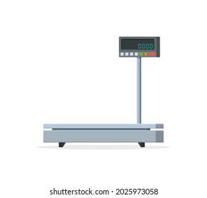 Scale weight. Scale balance for parcel and package. Industrial electronic machine with digital scales. Measure of cargo on platform. Equipment for delivery, shipping and weighing. Vector.