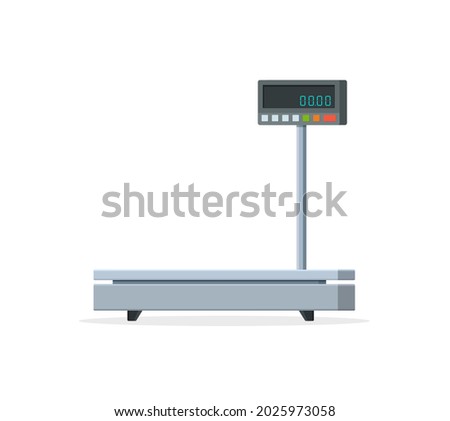 Scale weight. Scale balance for parcel and package. Industrial electronic machine with digital scales. Measure of cargo on platform. Equipment for delivery, shipping and weighing. Vector.