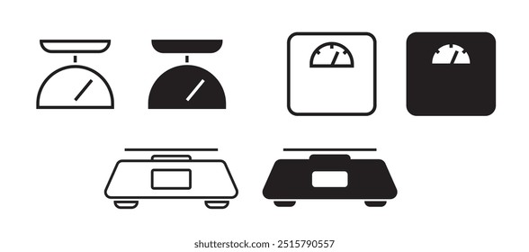 Escala peso icono conjunto Vector simple gráfico pictograma ilustración, piso, cocina comida y fitness libra símbolo silueta forma signo aislado recortado, herramienta de medida de peso Imagen Clip arte