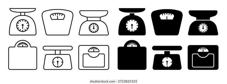 Scale weight icon. Simple kitchen scales. Black outline and silhouette pictogram kitchen food weight tools in different shapes. Kilograms. Mass sign and symbol. Vector set.