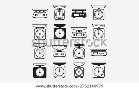 Scale weight icon. Simple kitchen scales. Black outline and silhouette pictogram kitchen food weight tools in different shapes. Kilograms