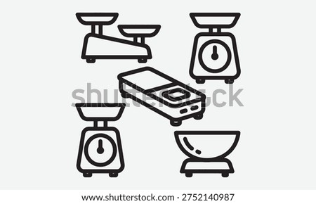 Scale weight icon. Simple kitchen scales. Black outline and silhouette pictogram kitchen food weight tools in different shapes. Kilograms