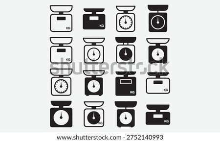 Scale weight icon. Simple kitchen scales. Black outline and silhouette pictogram kitchen food weight tools in different shapes. Kilograms