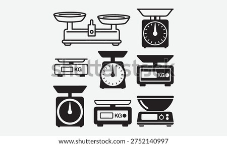 Scale weight icon. Simple kitchen scales. Black outline and silhouette pictogram kitchen food weight tools in different shapes. Kilograms