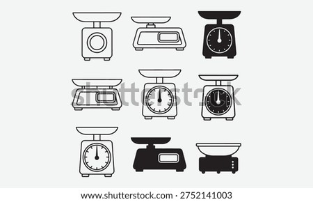 Scale weight icon. Simple kitchen scales. Black outline and silhouette pictogram kitchen food weight tools in different shapes. Kilograms