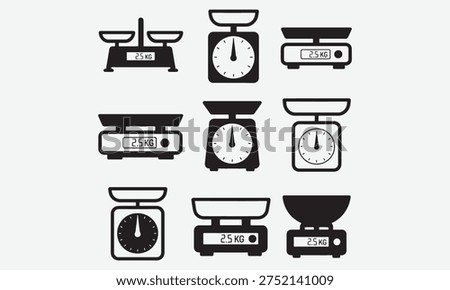 Scale weight icon. Simple kitchen scales. Black outline and silhouette pictogram kitchen food weight tools in different shapes. Kilograms