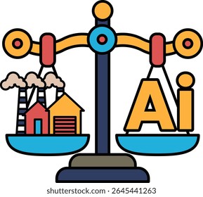 A scale with the word AI on it. The scale is balanced with a house on one side and a factory on the other