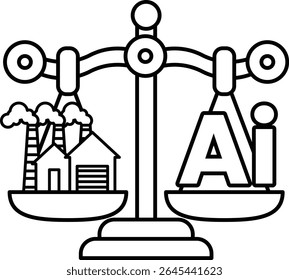 A scale with the word AI on it. The scale is balanced with a house on one side and a factory on the other