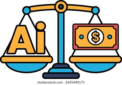 A scale with the word AI on one side and a dollar bill on the other. The scale is balanced, but the dollar bill is on the right side, which suggests that AI is more valuable than money