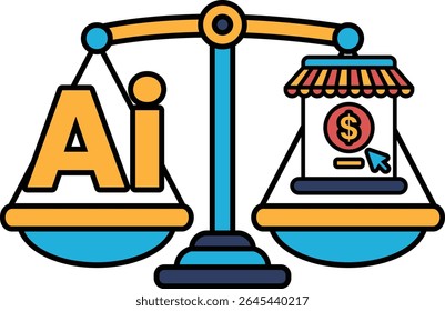 A scale with the word AI on one side and a dollar sign on the other. The scale is balanced, but the dollar sign is on the right side, which suggests that AI is more valuable than money