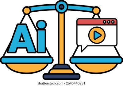 A scale with the word AI on one side and a video on the other. The scale is balanced, but the video is on the right side