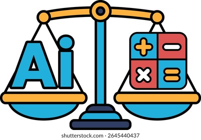 A scale with the word AI on one side and a calculator on the other. The scale is balanced, but the calculator is heavier