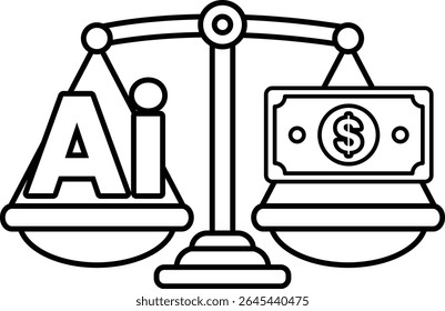 A scale with the word AI on one side and a dollar bill on the other. The scale is balanced, but the dollar bill is on the right side, which suggests that AI is more valuable than money