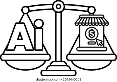 A scale with the word AI on one side and a dollar sign on the other. The scale is balanced, but the dollar sign is on the right side, which suggests that AI is more valuable than money