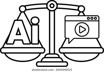 Uma escala com a palavra IA de um lado e um vídeo do outro. A escala está equilibrada, mas o vídeo está no lado direito