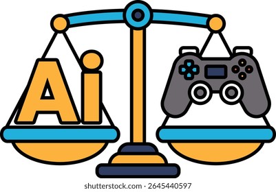 Uma escala com a palavra IA de um lado e um controlador de videogame do outro. A escala é equilibrada, sugerindo que a IA e os videogames são igualmente importantes
