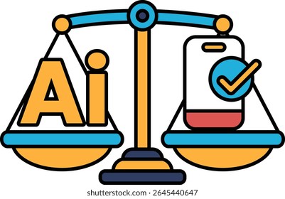 A scale with the word AI on one side and a phone on the other. The scale is balanced, with the phone on the right and the word AI on the left