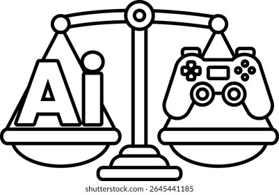 Uma escala com a palavra IA de um lado e um controlador de videogame do outro. A escala é equilibrada, sugerindo que a IA e os videogames são igualmente importantes