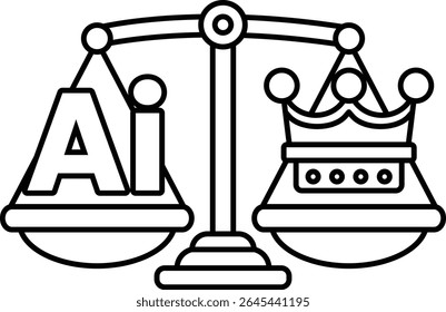 A scale with the word AI on one side and a crown on the other. The scale is balanced, but the crown is larger than the AI