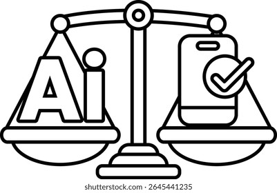 A scale with the word AI on one side and a phone on the other. The scale is balanced, with the phone on the right and the word AI on the left