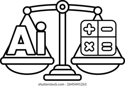 Uma escala com a palavra AI de um lado e uma calculadora do outro. A escala é equilibrada, mas a calculadora é mais pesada