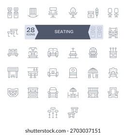 Skalieren Sie Ihr Produktbild mit 32 Thin Line-Symbolen, inspiriert von Seating, die für Präzision rasterförmig ausgerichtet sind.