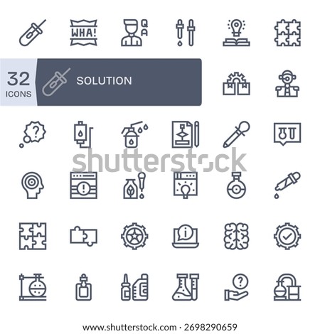 Scale your product visuals with 32 Bold Line icons inspired by Solution, grid-aligned for precision.