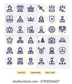 Scale your product visuals with 36 Bold Line icons inspired by Leadership, grid-aligned for precision.