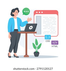 Scaleable flat illustration of frontend coding tutorial and web development training