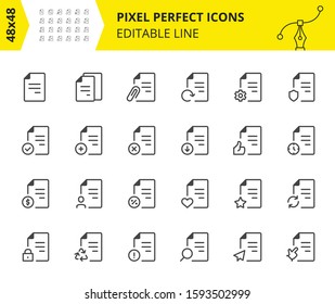 Scaled Icons of Files, Document Flow and Interaction With Them, as Download, Profile, List and Search etc. Pixel Perfect Editable Set 48x48. Vector.