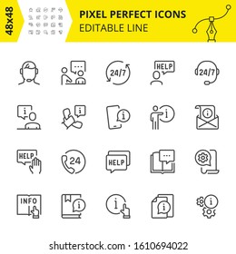 Scaled Icons of Help, Technical Support and 24\7 assistance. Get the qualified answer any time. Includes handset, help, operator, headset. Pixel Perfect Editable Set 48x48. Vector.