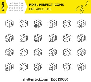Scaled Icons of Package and Delivery boxes. Can use in Mobile and Web applications which includes Export, Cargo, Save, Search Goods etc. Pixel Perfect Editable Set 48x48. Vector.