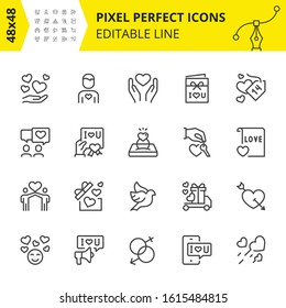 Scaled Icons - Romantic Day and Symbols of Love. Includes Dove, Happy, Key, Ring etc. Pixel Perfect 48x48, Editable Set. Vector.